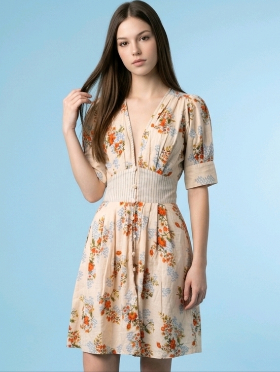 Agua Bendita Dresses & Skirts - Agua Bendita Menta Sunbaze by Antropologie Floral Beige Mini Dress Pleated